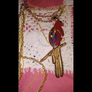 Parrot Gold Tone Long Chains Necklace.  Enamel. Summer Vacation.